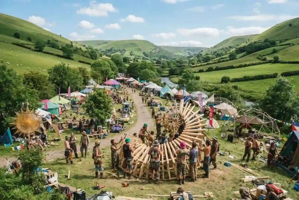 MicroBurn 2026 regional burn in Welsh valley with colorful art installations, yurts, and theme camps during daytime