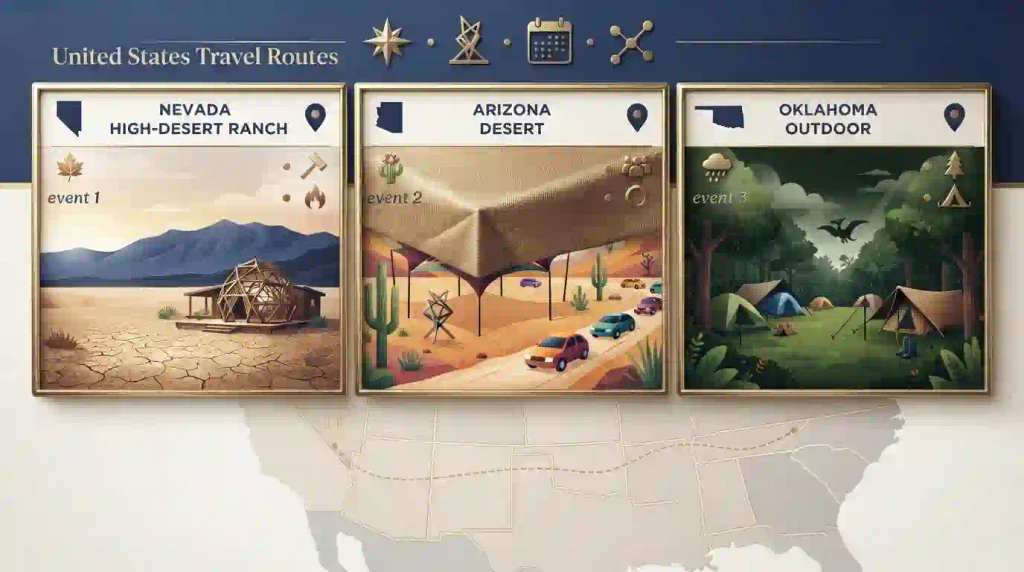 Illustrated October 2026 Burner event comparison showing Fly Ranch in Nevada, IGNiGHT in Arizona and Ember in Oklahoma.