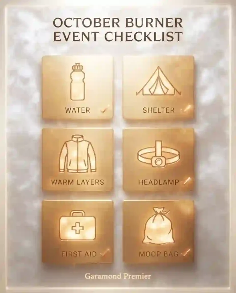Infographic checklist showing water, tent, headlamp, layers, first aid and MOOP bag for an October Burner event