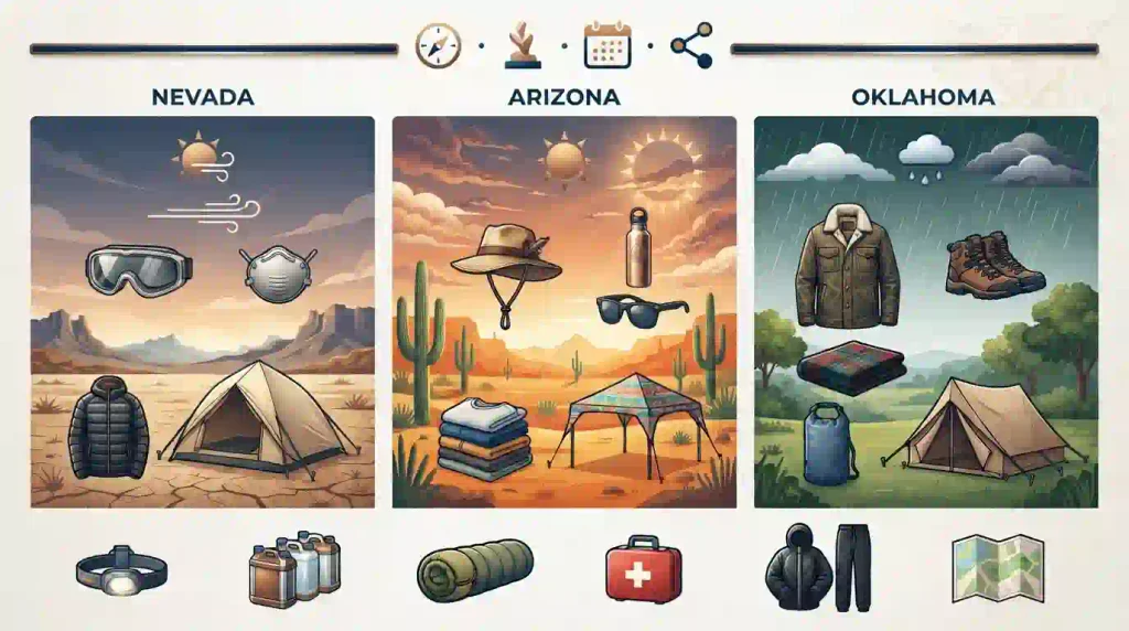 Weather preparation infographic for October Burner events showing desert sun, wind, cold nights, rain and camping gear.