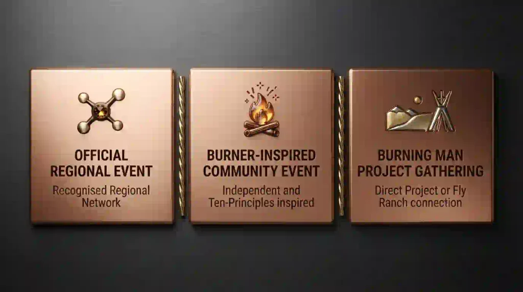 Infographic comparing official Burning Man Regional Events, independent Burner-inspired events and Burning Man Project gatherings