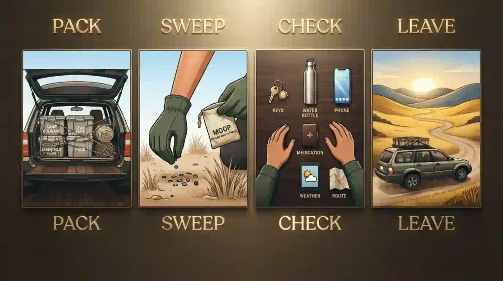 Four-step departure checklist showing packing, MOOP sweeping, safety checks and driving away.