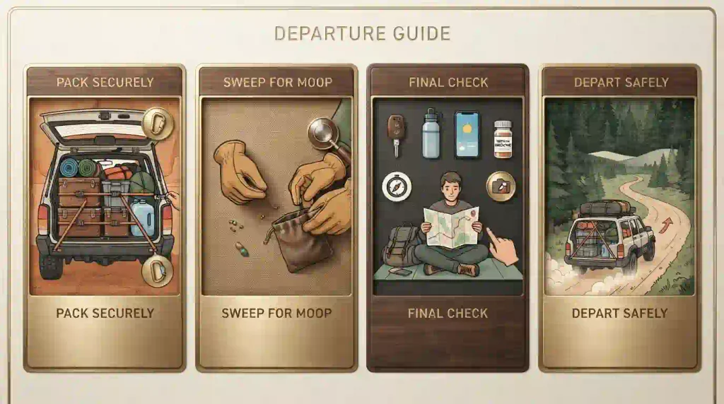 Four-step Regional Burn departure checklist: pack, sweep, check and leave safely.