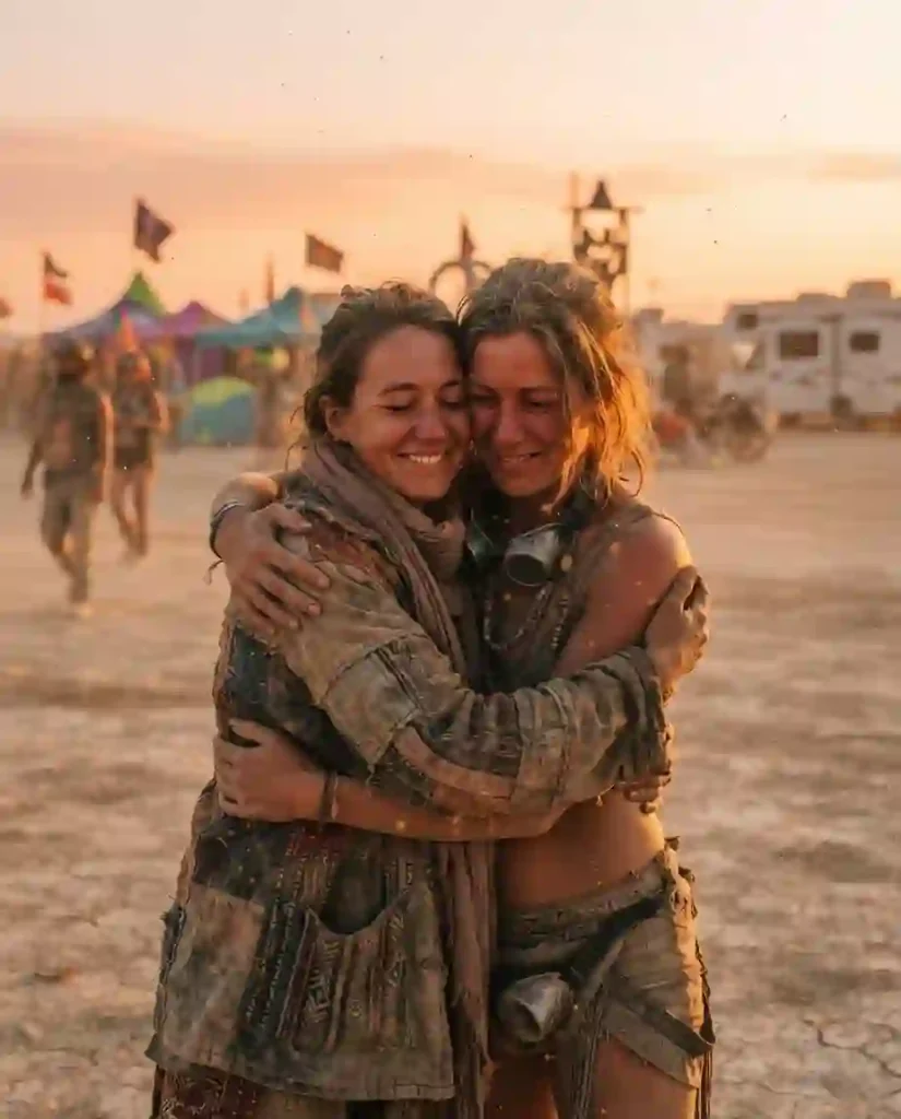 Two participants sharing heartfelt hug at Burning Man regional burn during golden hour sunset