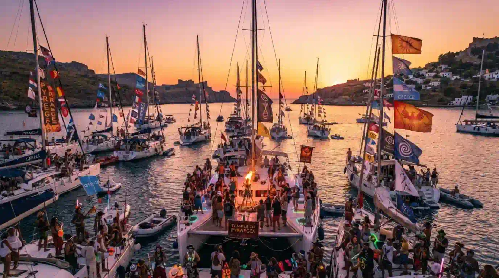 Pyraegea 2026 sailing burn regional event in Rhodes Greece with boats gathered in bay at sunset