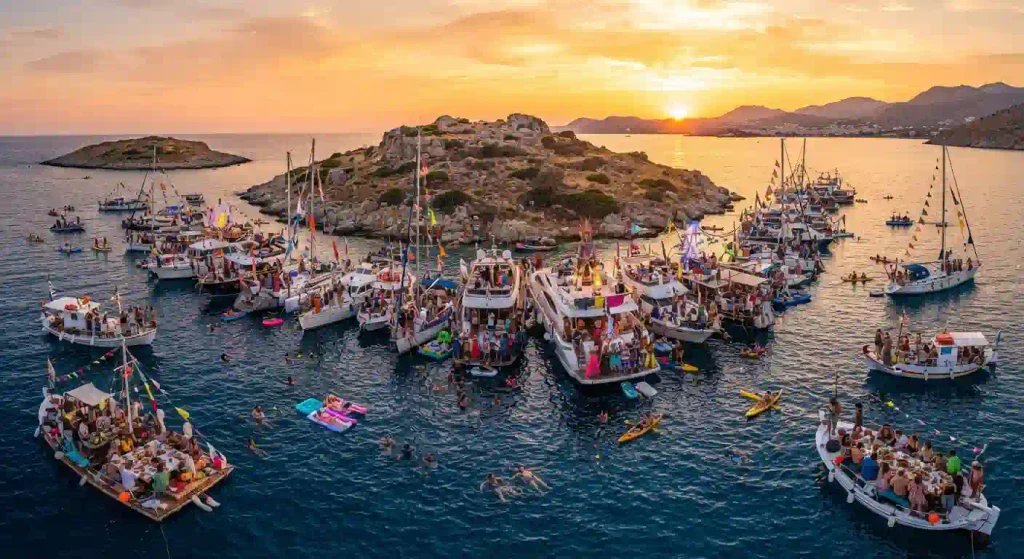 Boats and yachts gathered around Greek islands in the Aegean Sea representing Pyraegea 2026, a Burning Man–inspired maritime gathering near Rhodes