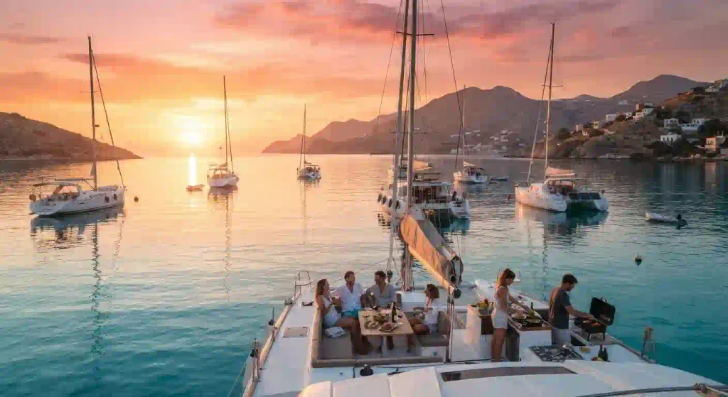 Pyraegea 2026 sailing fleet at sunset in the Aegean Sea with multiple yachts anchored in a calm bay during the Greek water burn