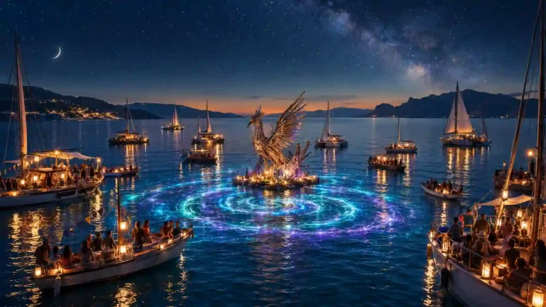 A large floating effigy surrounded by sailboats and small tenders during Pyraegea’s 2026 water-based ceremony in a Greek island bay.