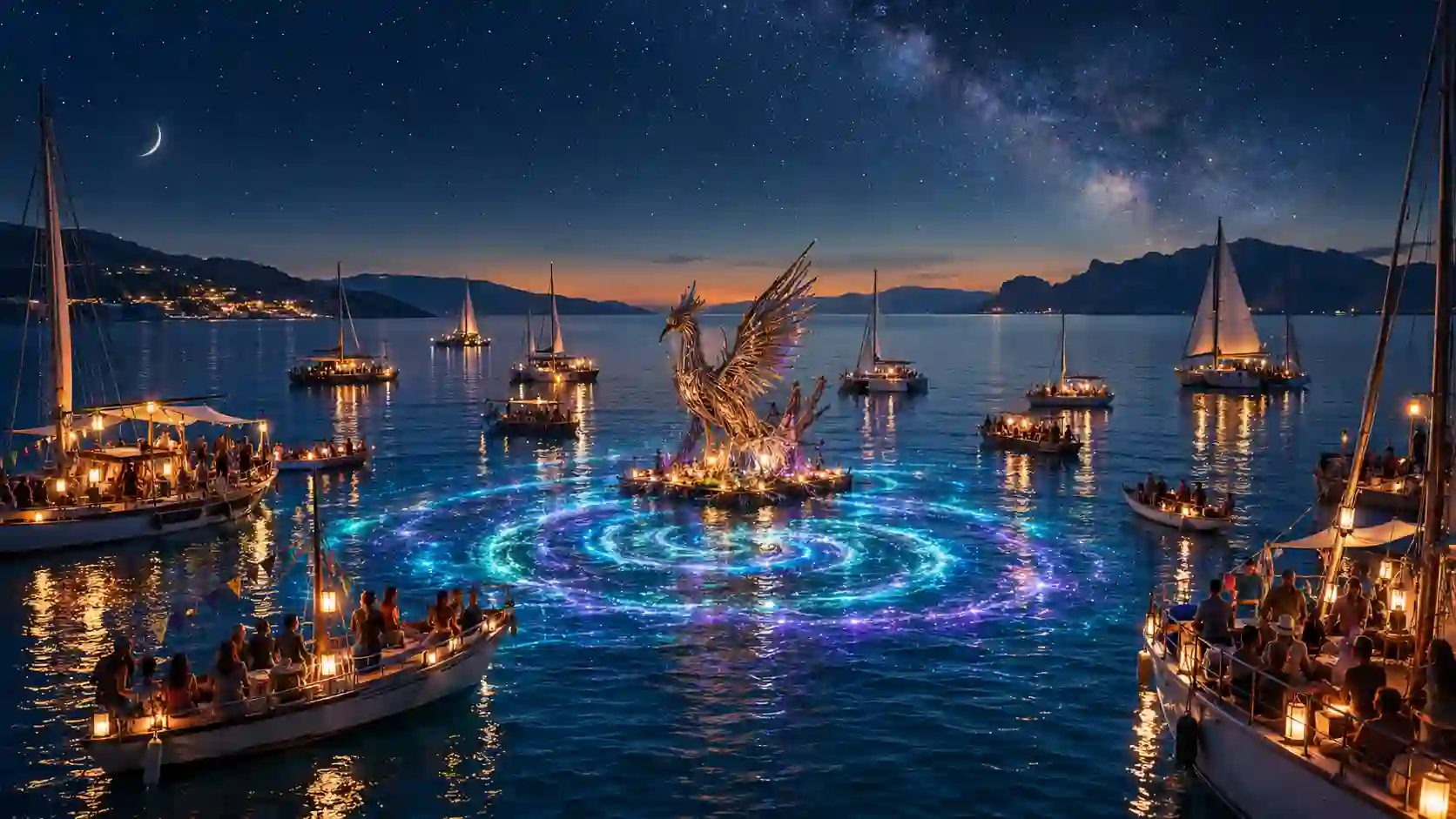 A large floating effigy surrounded by sailboats and small tenders during Pyraegea’s 2026 water-based ceremony in a Greek island bay.