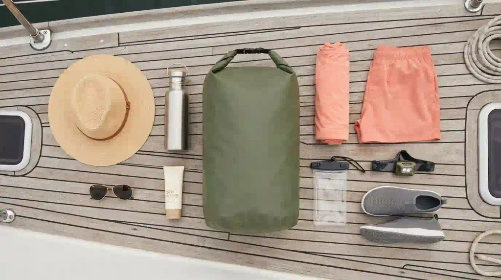 Water burn packing essentials including dry bag sunscreen and reusable bottle