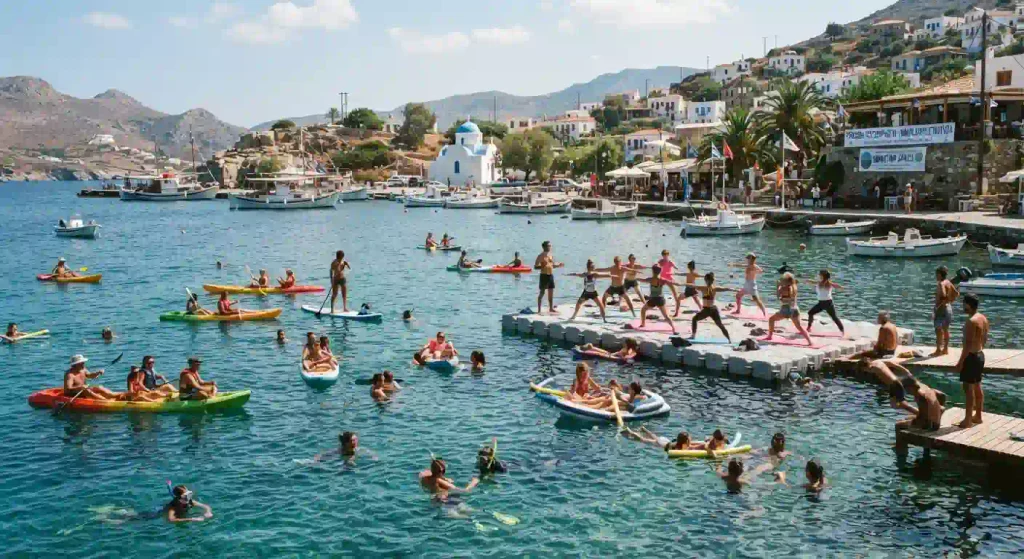 Pyraegea participants enjoying community activities on anchored sailboats during the September 16 no-sailing day in Greece