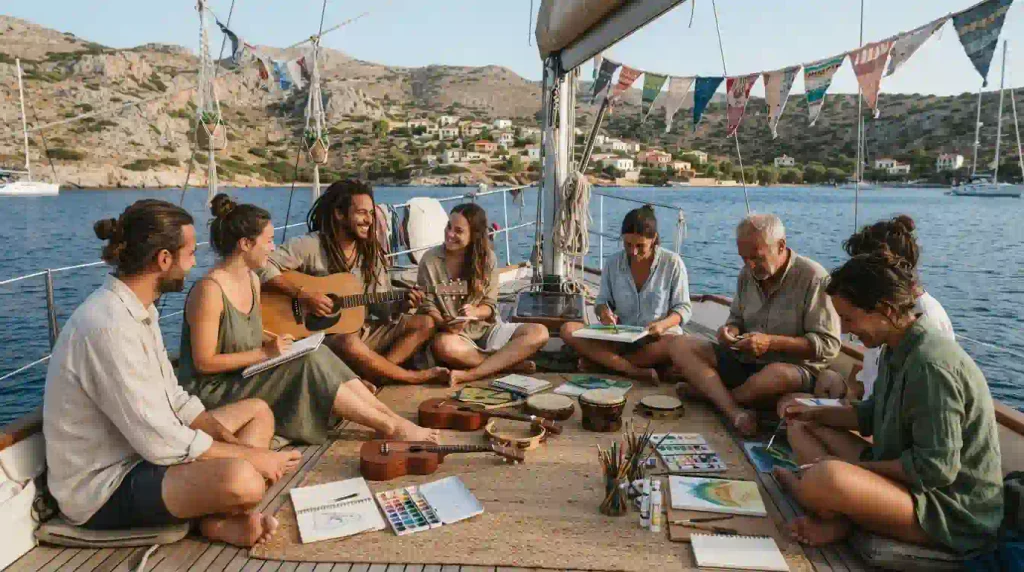 Participants sharing a creative community experience aboard a sailing boat during Pyreagea