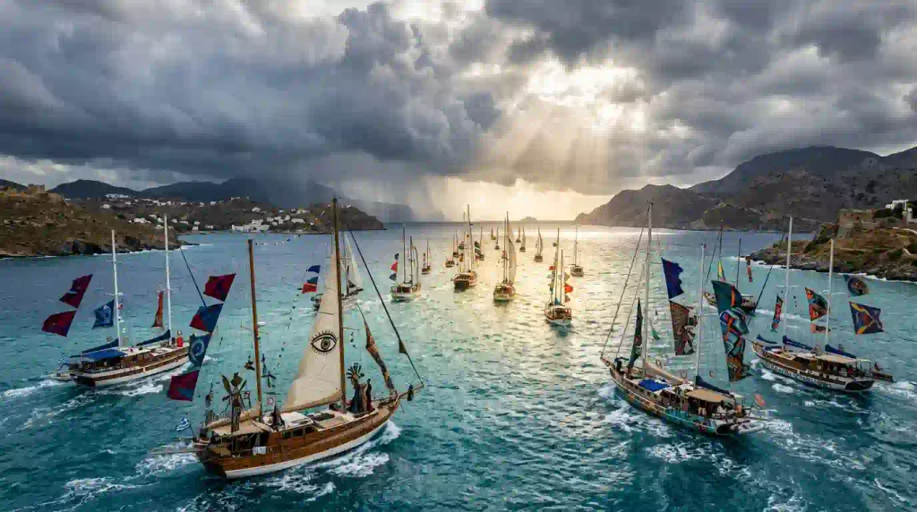 “Pyraegea sailing fleet navigating stormy seas in the South Dodecanese during September 17 Regional Burns 2026”