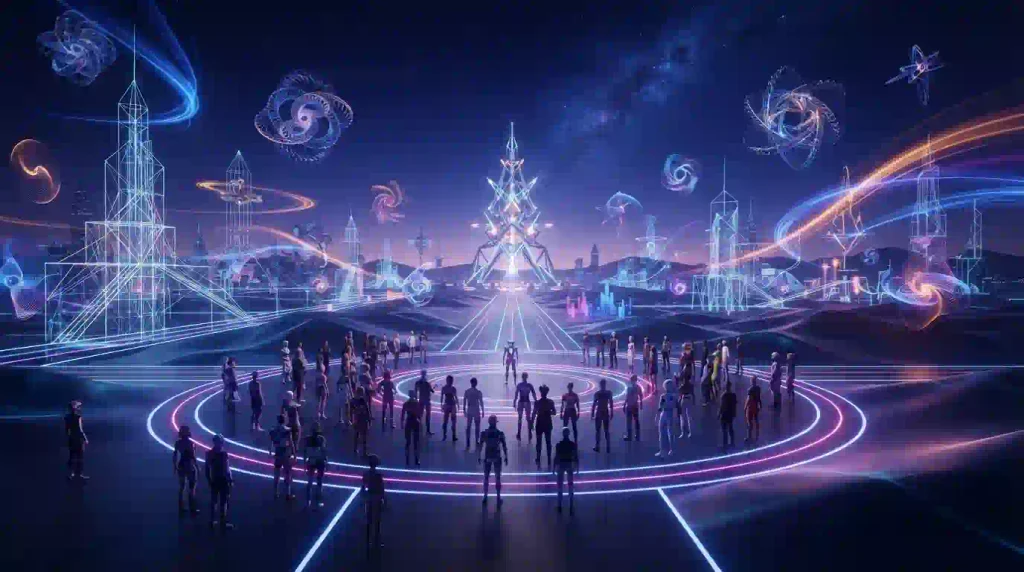 Illustrative virtual world representing Re-Burn Online, a digital Burning Man-inspired community event