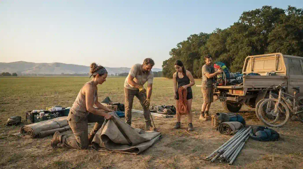 Burning Man Today: What Ends, What Continues & What Comes Next on September 29, 2026 2 Burner campmates dismantling shade structures and securing gear before leaving a Regional Burn