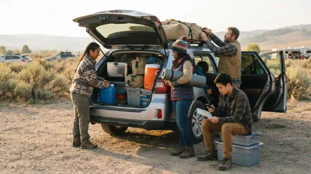 Friends loading tents, water containers and camping gear into a car for a Regional Burn road trip.