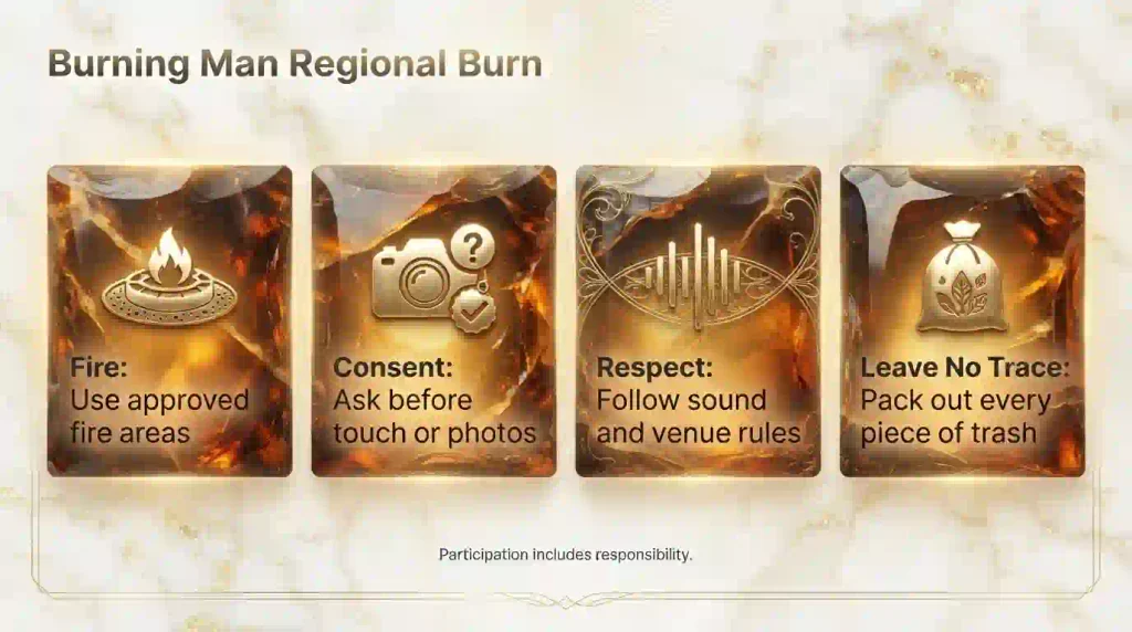 Safety infographic showing attended fire, consent before photos, leave no trace and respect for Regional Burn community rules.