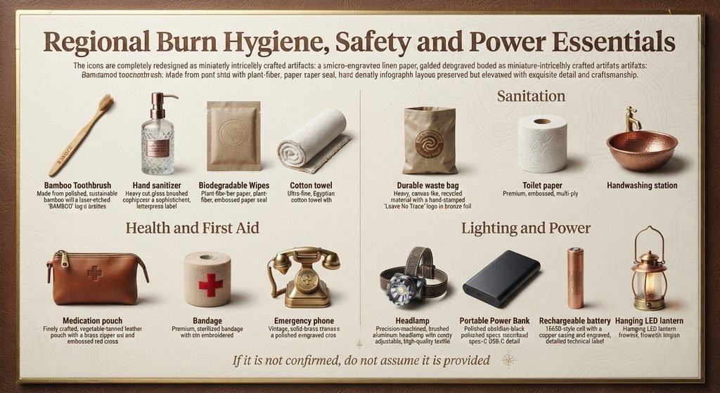 Camping checklist for personal hygiene, sanitation, first aid, lighting and power at a Regional Burn