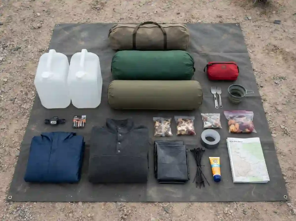 Regional Burn packing essentials including tent, sleeping bag, water, food, headlamp and rain gear.