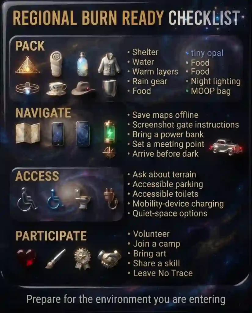Infographic checklist for packing, accessibility, navigation and participation at a Burning Man Regional event