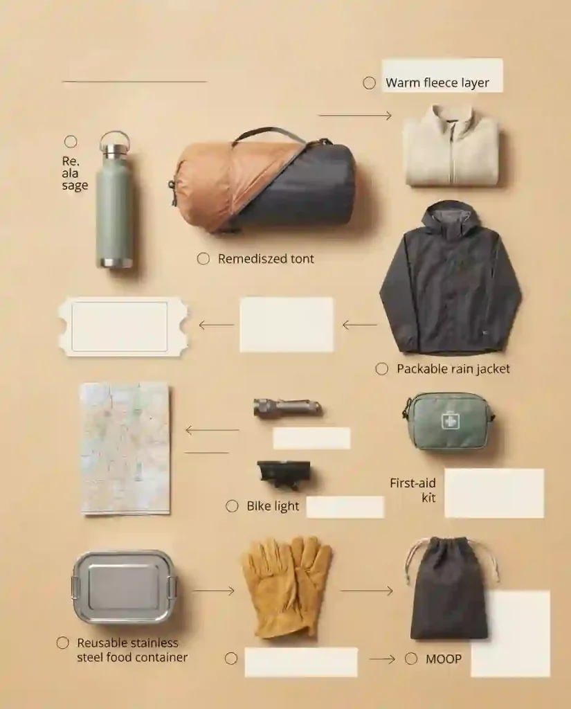 Illustrated checklist showing water, tent, weather layers, ticket, map, first-aid kit, bike light, and MOOP bag for a Regional Burn