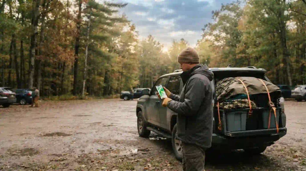 Camper in a rain jacket checks weather beside a safely packed vehicle at a forest event.