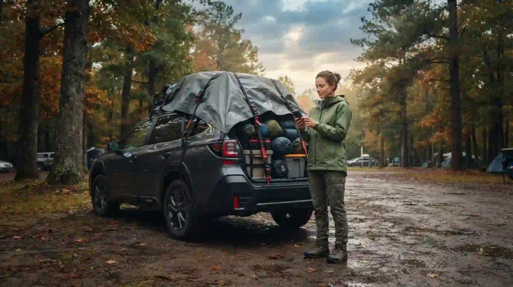 Camper in a rain jacket checking road conditions beside a safely packed vehicle.