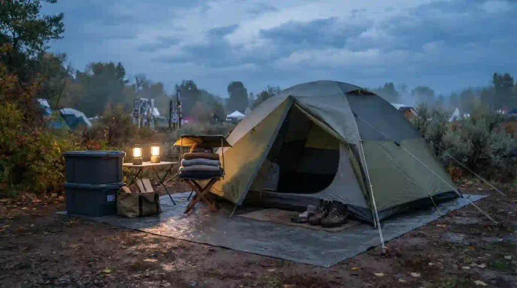 Secure campsite with rain tarp, warm layers and waterproof gear at a late-September Regional Burn.
