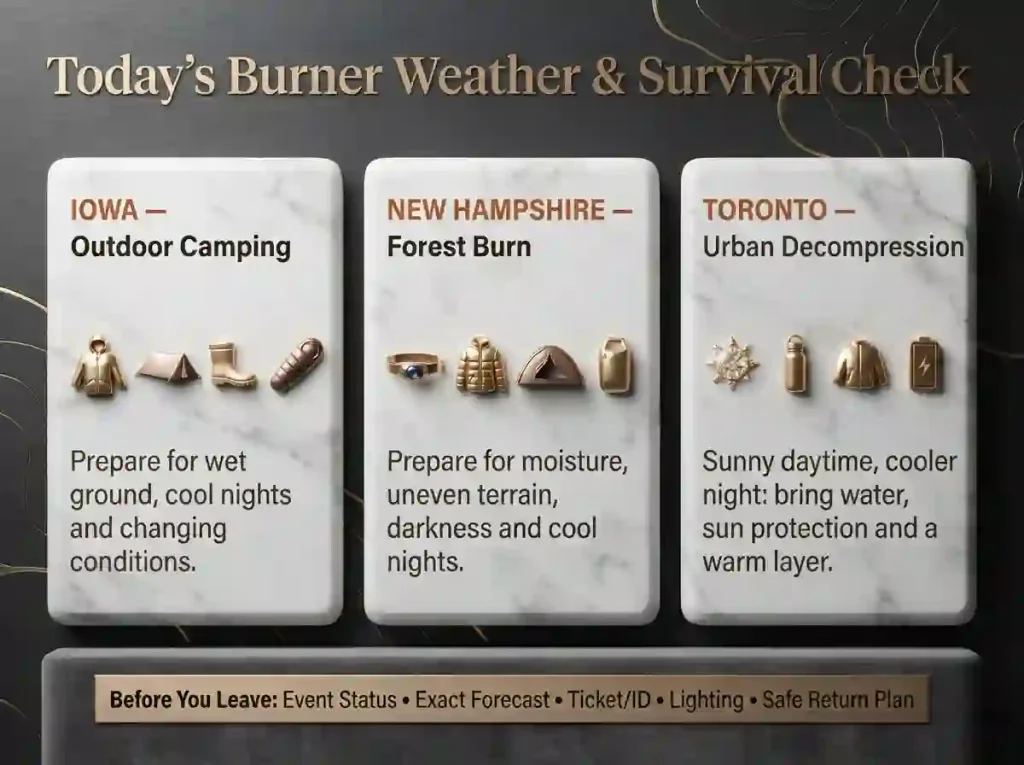 Infographic showing weather and survival essentials for Iowa camping, New Hampshire forest conditions and Toronto’s urban Decompression.