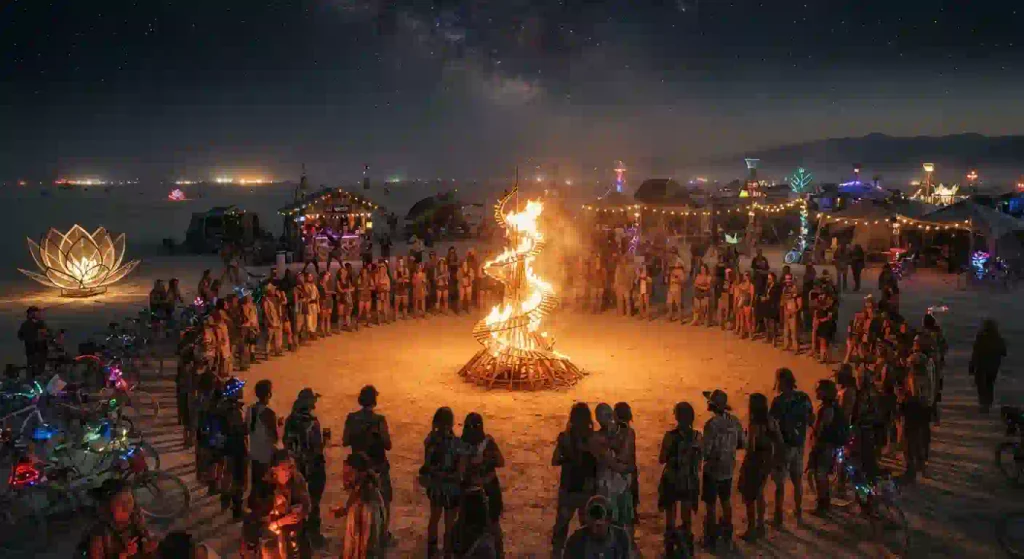 Burning Man 2026 playa fire art installation on the desert playa