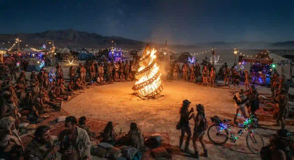 Burning Man 2026 Man Burn Is Tonight 10 Community burn scene at a smaller regional event, art, costumes, camp lights, inclusive social atmosphere, realistic photography
