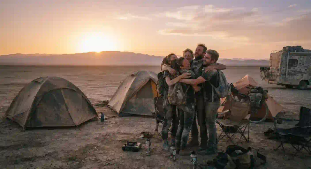 Campmates hugging and saying goodbye after the final days of Burning Man
