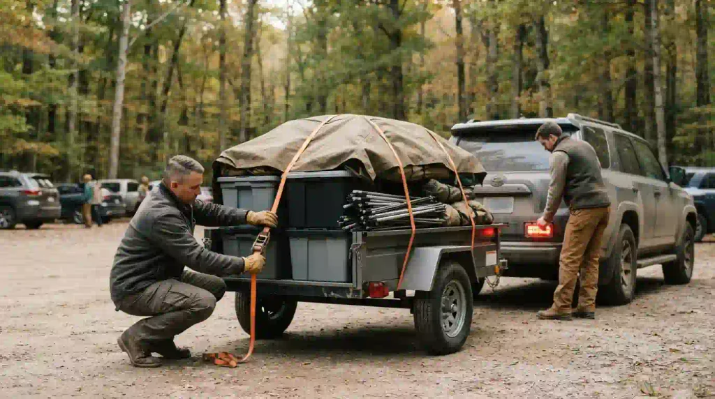 Camper checks ratchet straps on a covered trailer before leaving a Regional Burn.
