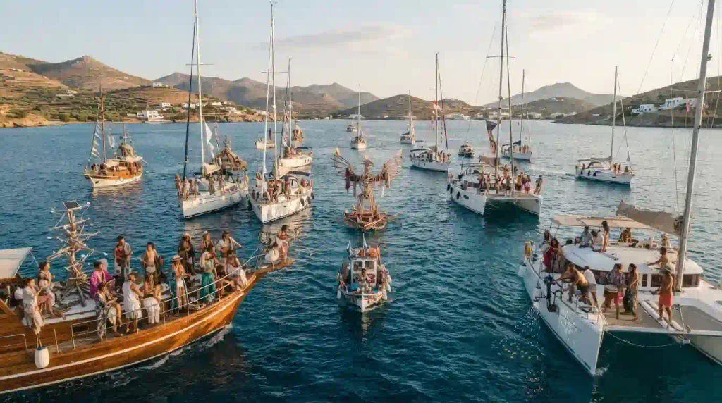 Sailing boats during Pyraegea Greek Water Burn in the Southern Dodecanese