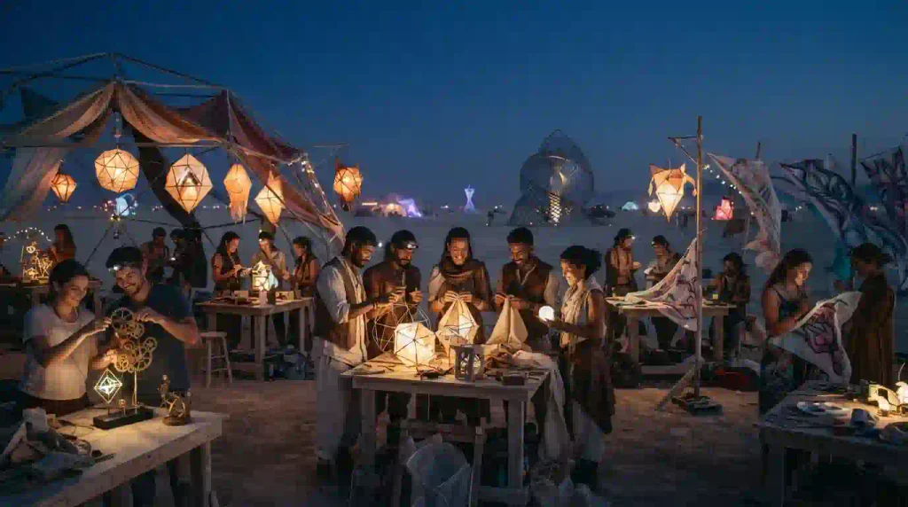 Artists create glowing handmade lanterns at a community gathering inspired by Spellbound 2027.