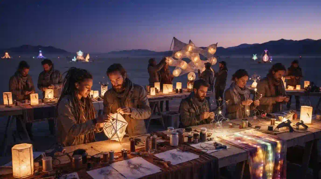 Artists create glowing lanterns and sculptures at a twilight community art gathering.