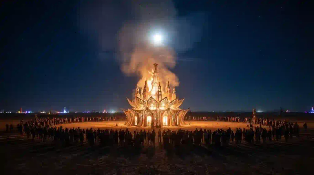 Temple of the Moon burning during the Burning Man 2026 Temple Burn