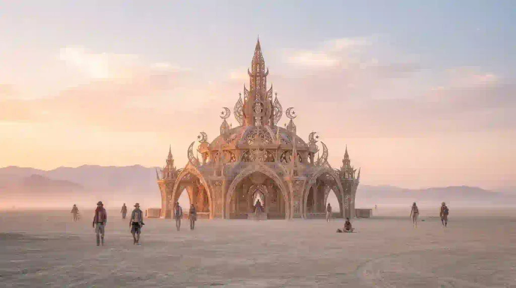 Burning Man 2026 Man Burn Is Tonight 6 The Temple of the Moon in daylight with quiet visitors and memorial offerings