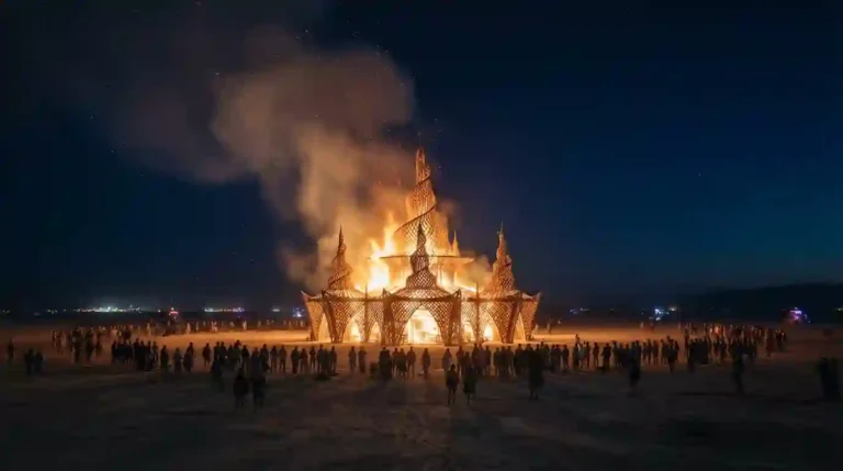 Burning Man Temple of the Moon during the 2026 Temple Burn