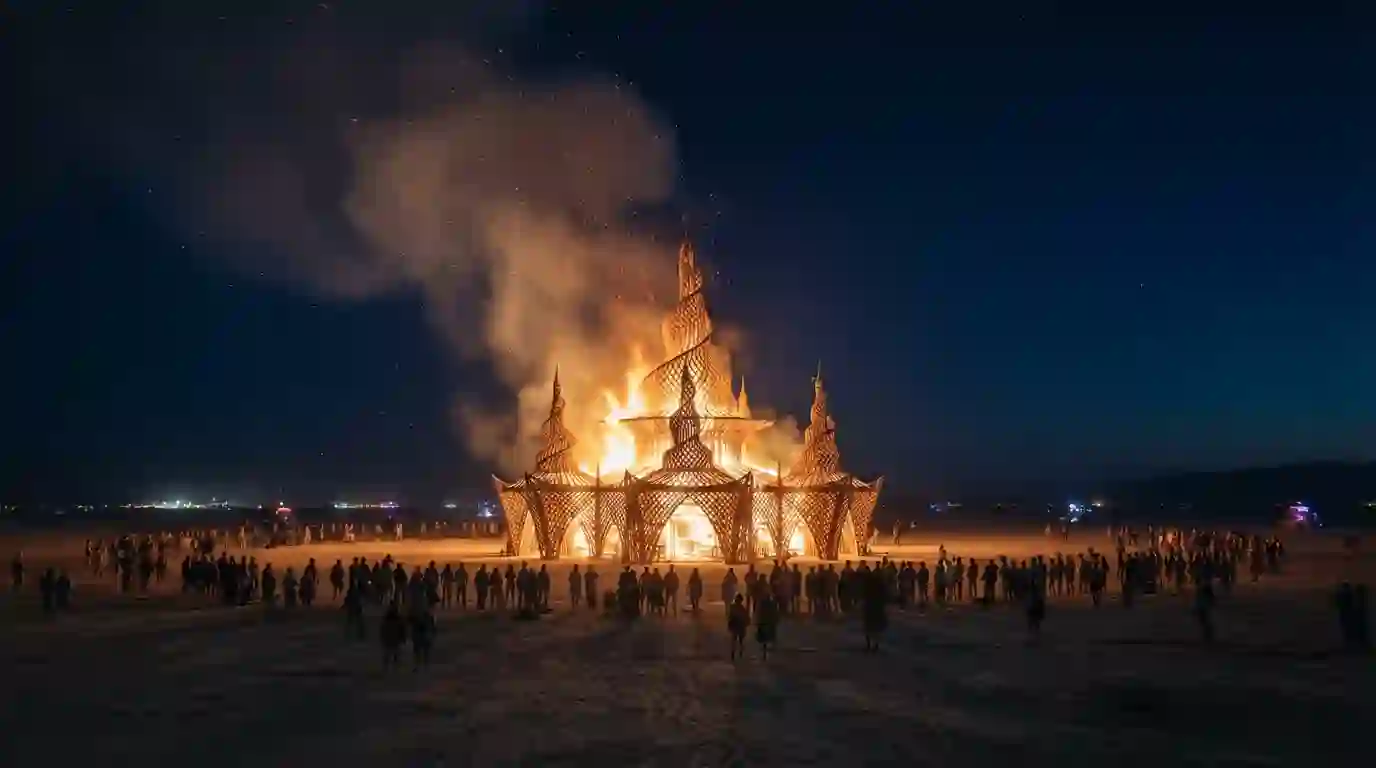 Burning Man Temple of the Moon during the 2026 Temple Burn
