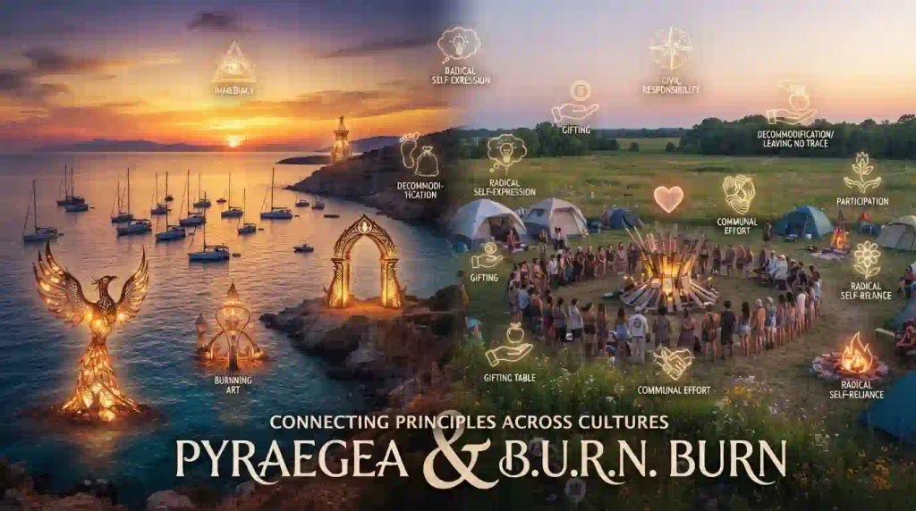 “Collage of Pyraegea sailing Burn and B.U.R.N. Burn Illinois illustrating Burning Man Ten Principles during September 17 Regional Burns 2026”