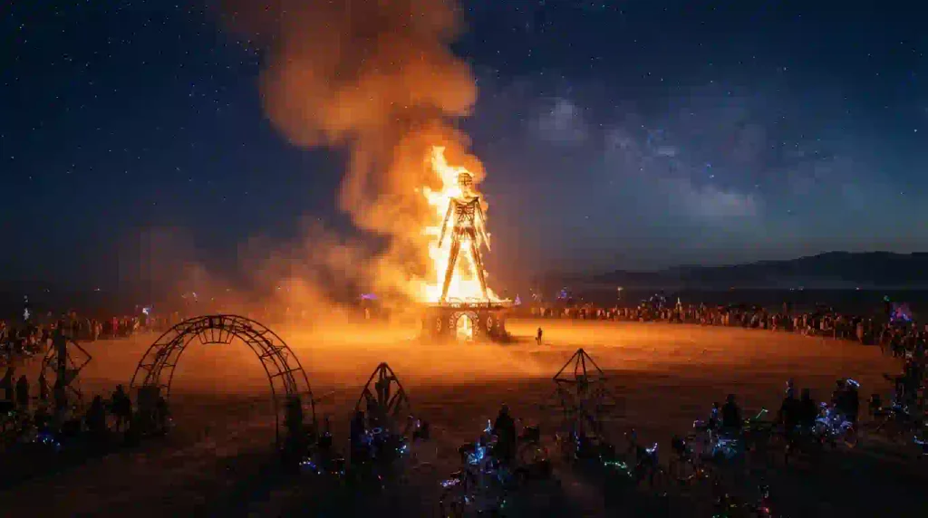 Burning Man 2026 Man Burn ceremony illuminating the Black Rock Desert at night.