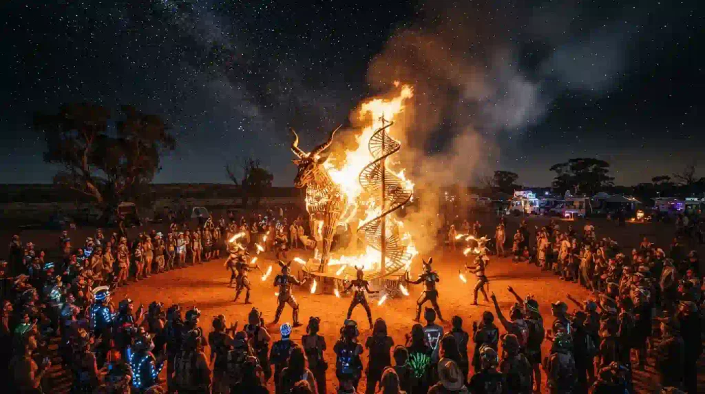 The Third Degree Burn in Australia at night with fire sculptures, performers, and a crowd of Burners under the stars