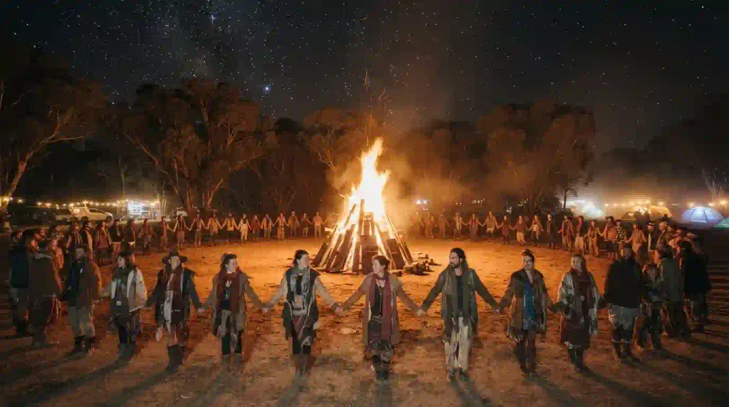 Third Degree Burn 2026 Australia nighttime fire circle with participants gathered around bonfire under starry sky