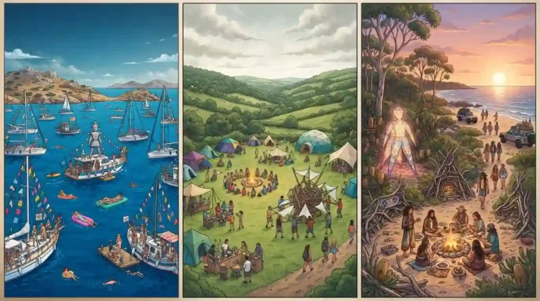 Collage-style visual showing a maritime Burn in Greece, a valley camp in the UK, and a coastal Burn in Australia to represent Burning Man Regional Burns on September 12, 2026