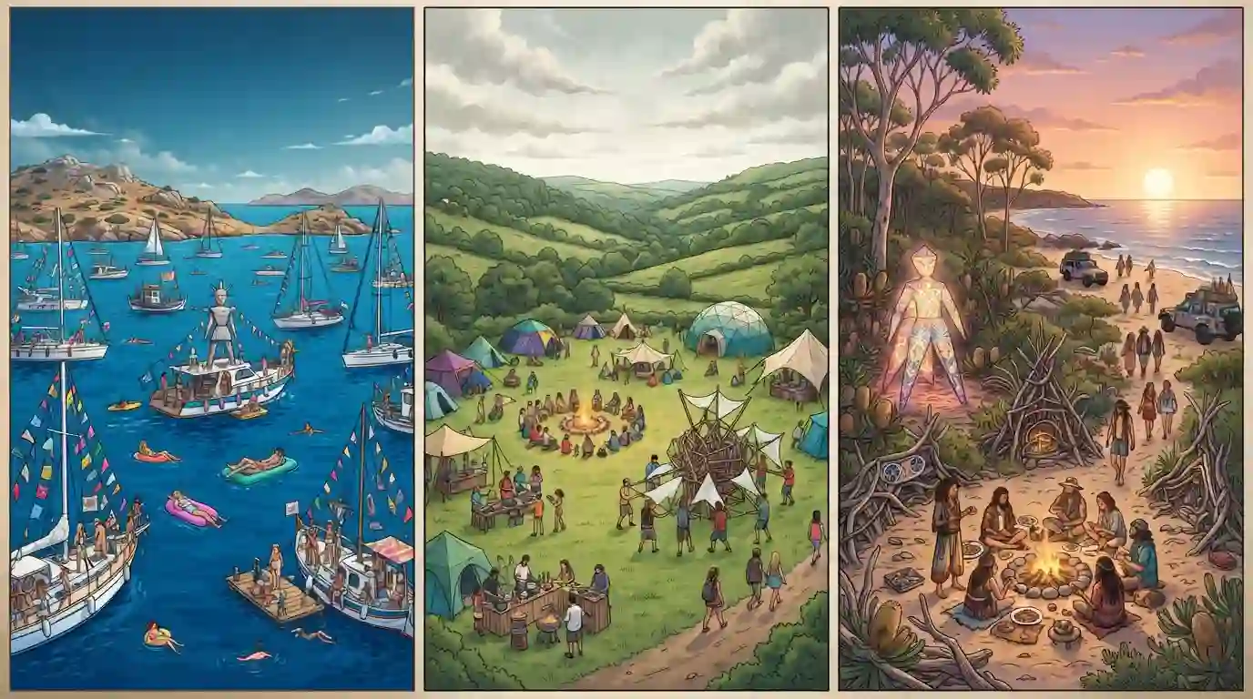 Collage-style visual showing a maritime Burn in Greece, a valley camp in the UK, and a coastal Burn in Australia to represent Burning Man Regional Burns on September 12, 2026