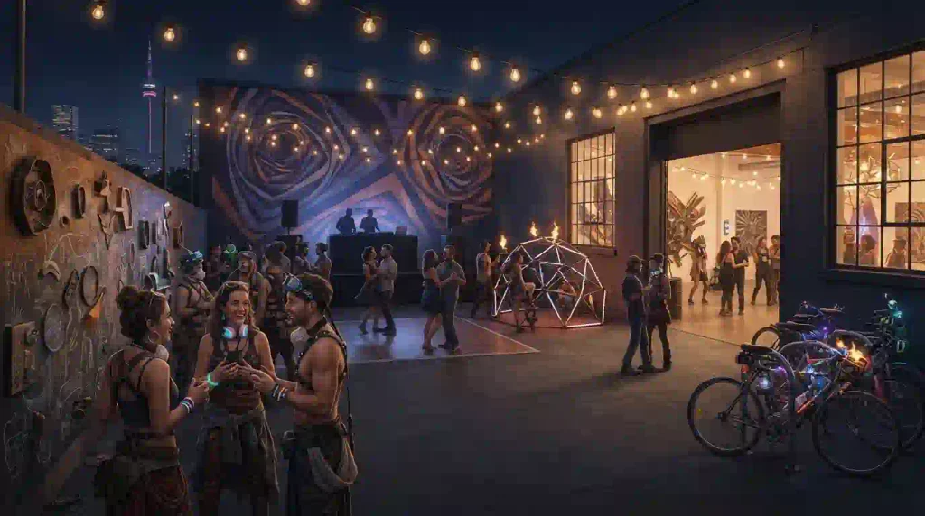 Editorial illustration of an urban Burner Decompression with art, costumes, music and community gathering at night.