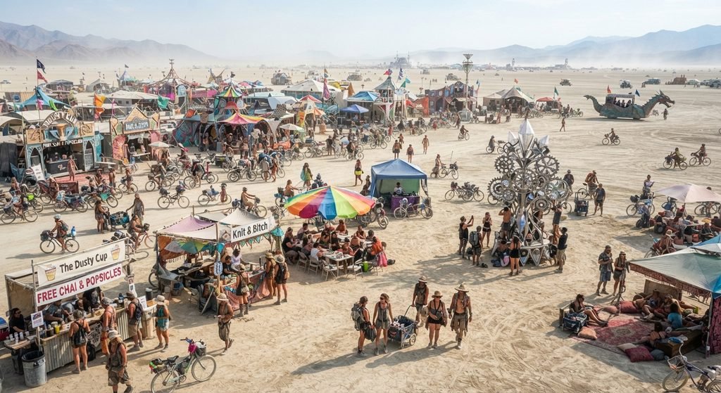 Burning Man 2026 Man Burn Is Tonight 3 Burners moving between coffee, yoga, art, and music camps during the day