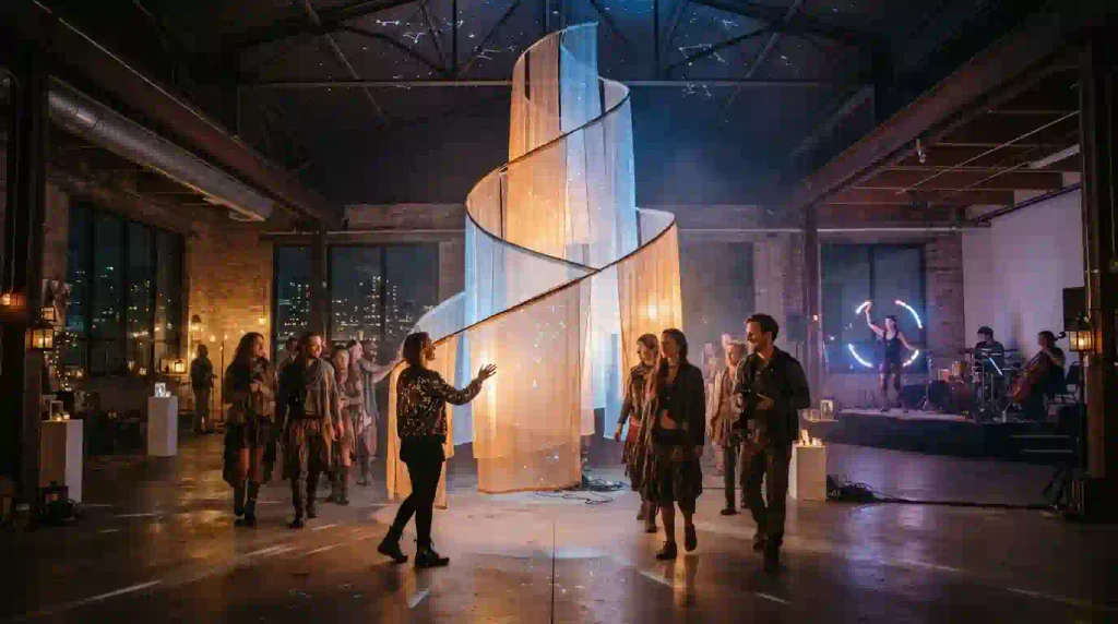 Immersive art installation and participants at a Toronto Burning Man Decompression-style indoor event.