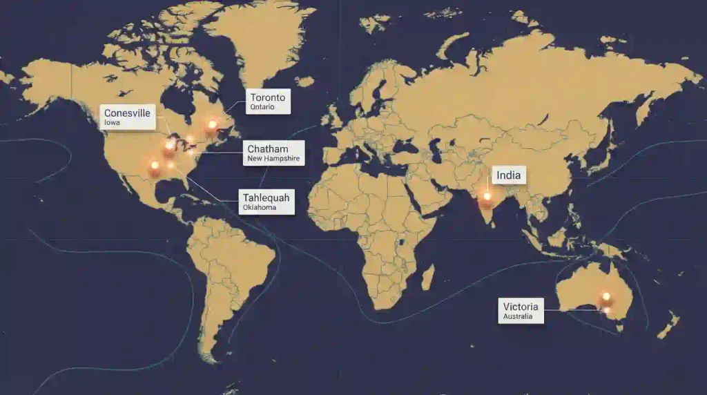 Illustrated map showing upcoming Burner events in Iowa, New Hampshire, Toronto, Australia, Oklahoma and India.
